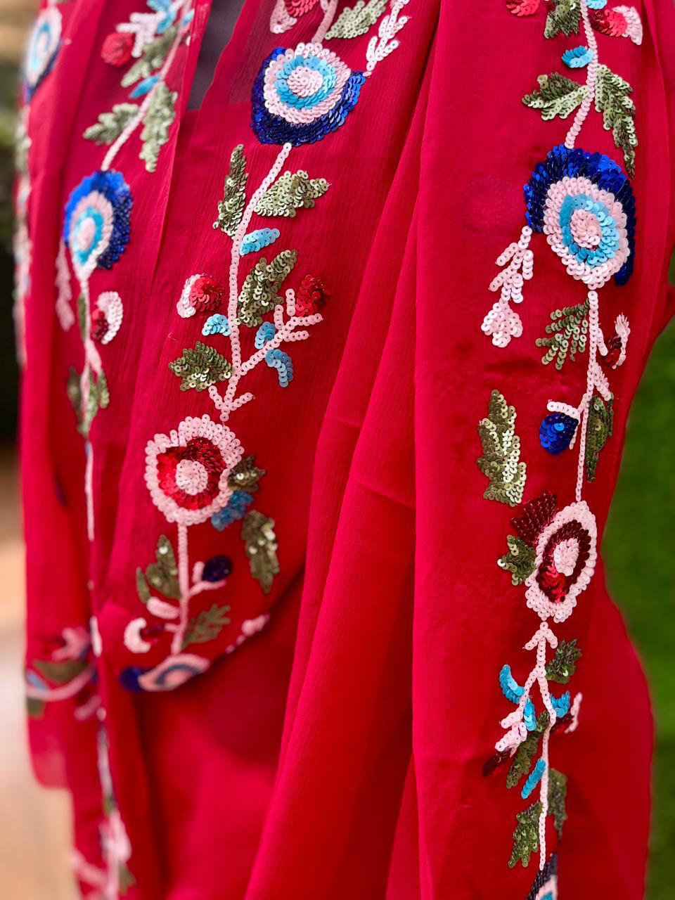 Red Sequins Border Saree