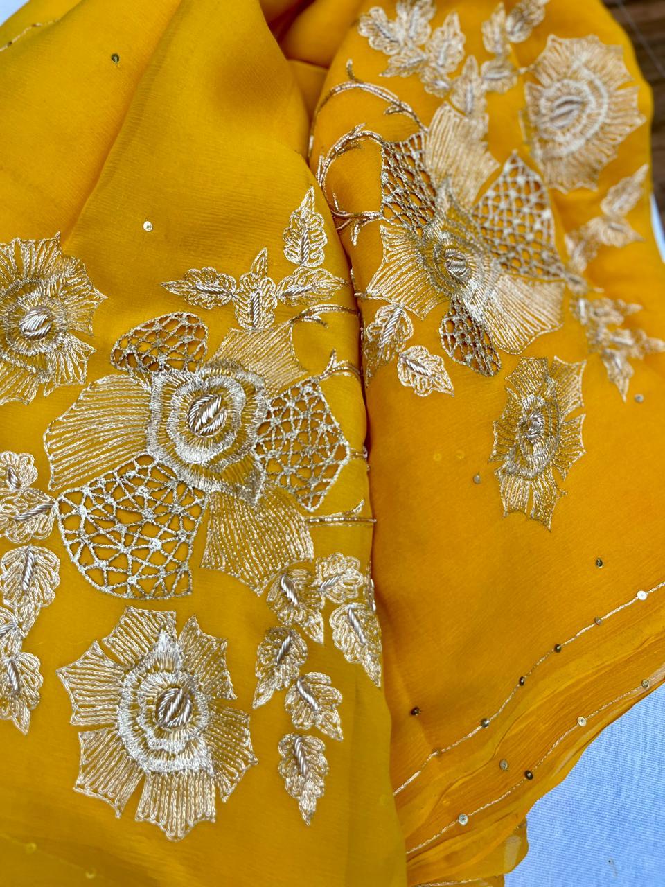 Ombre Yellow Shaded Cutwork Buta Saree