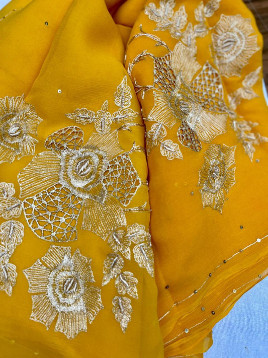 Ombre Yellow Shaded Cutwork Buta Saree