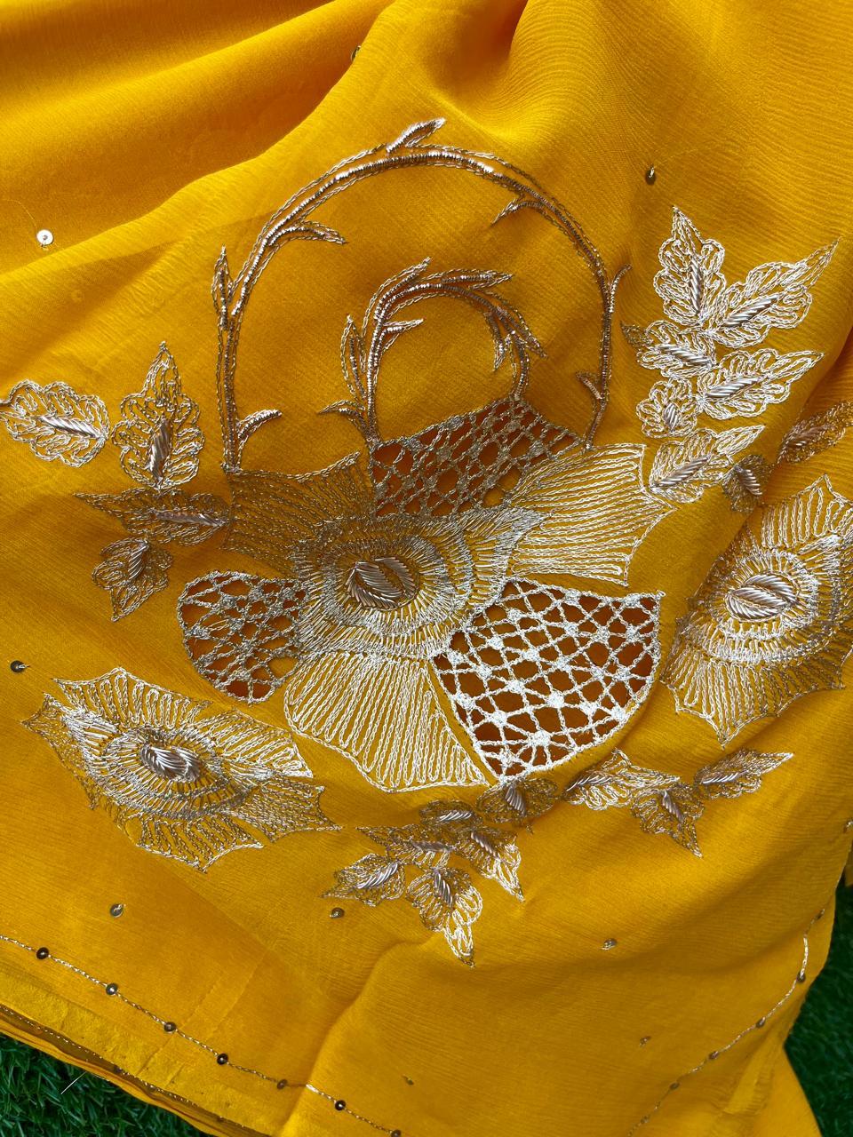 Ombre Yellow Shaded Cutwork Buta Saree