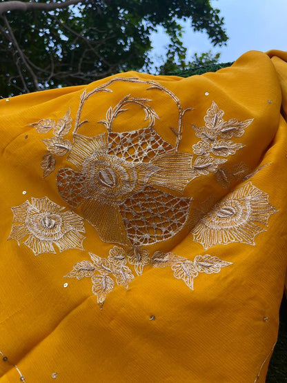 Ombre Yellow Shaded Cutwork Buta Saree