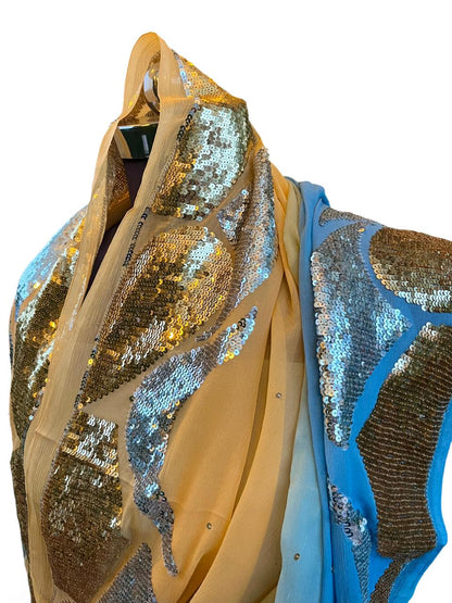 Ombre Blue Golden Silver Sequins Border Saree
