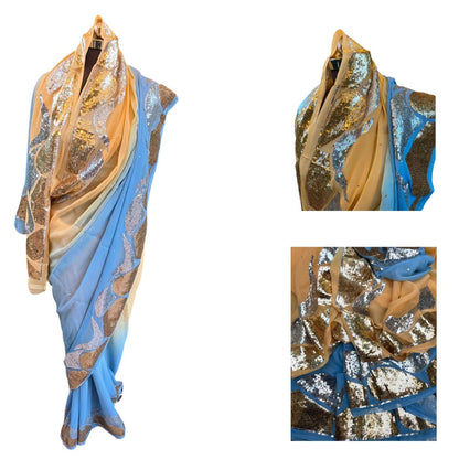 Ombre Blue Golden Silver Sequins Border Saree