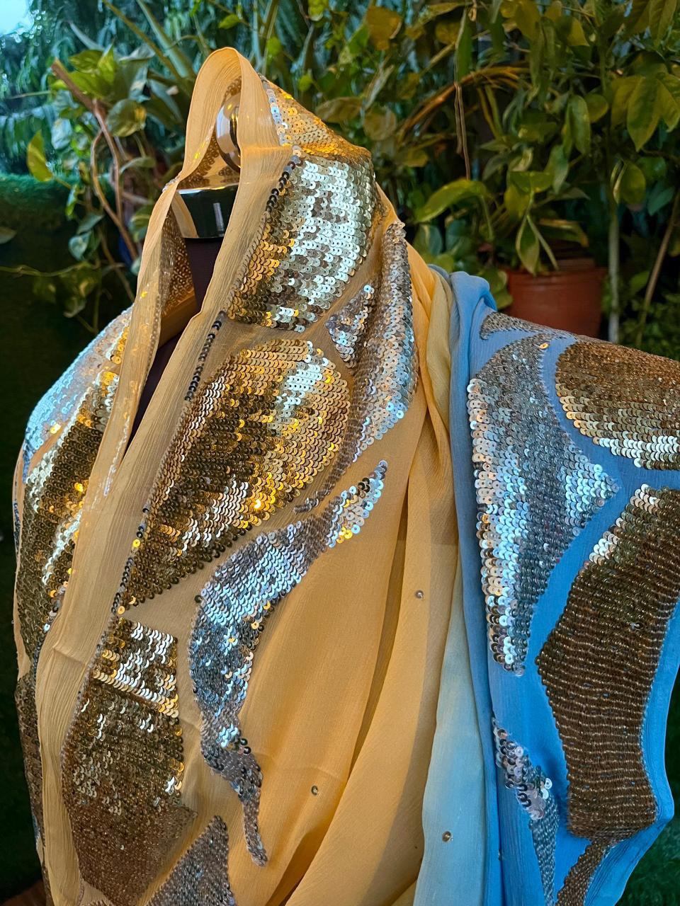 Ombre Blue Golden Silver Sequins Border Saree