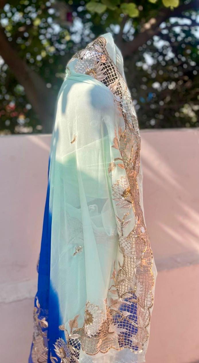 Ombre Blue Shaded Cutwork Border Saree
