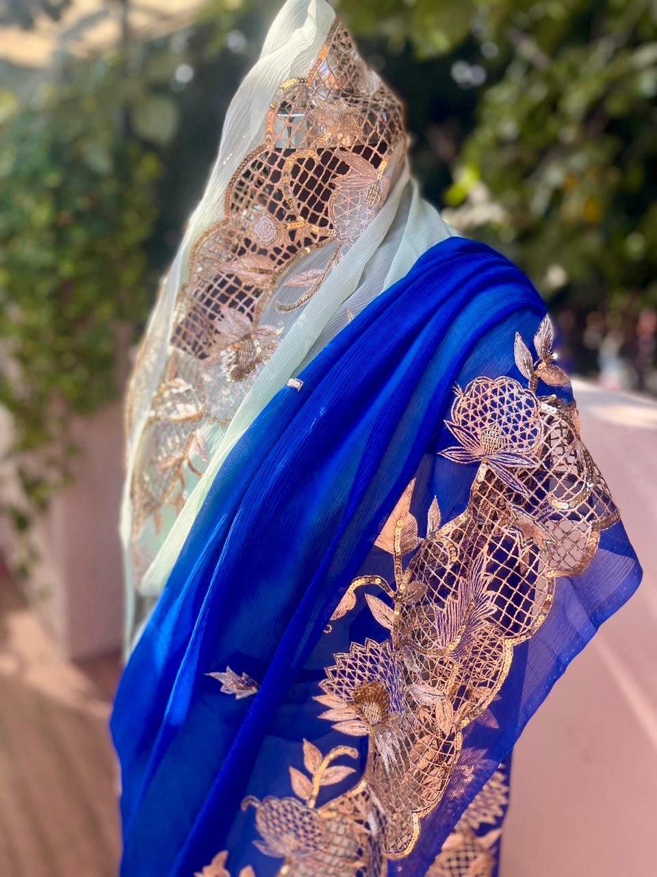 Ombre Blue Shaded Cutwork Border Saree