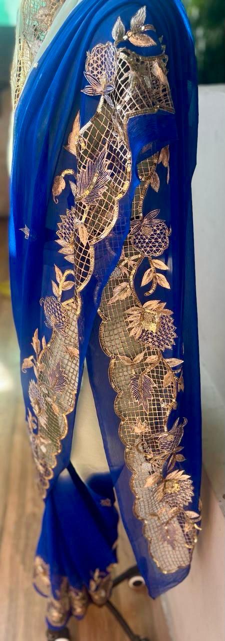 Ombre Blue Shaded Cutwork Border Saree