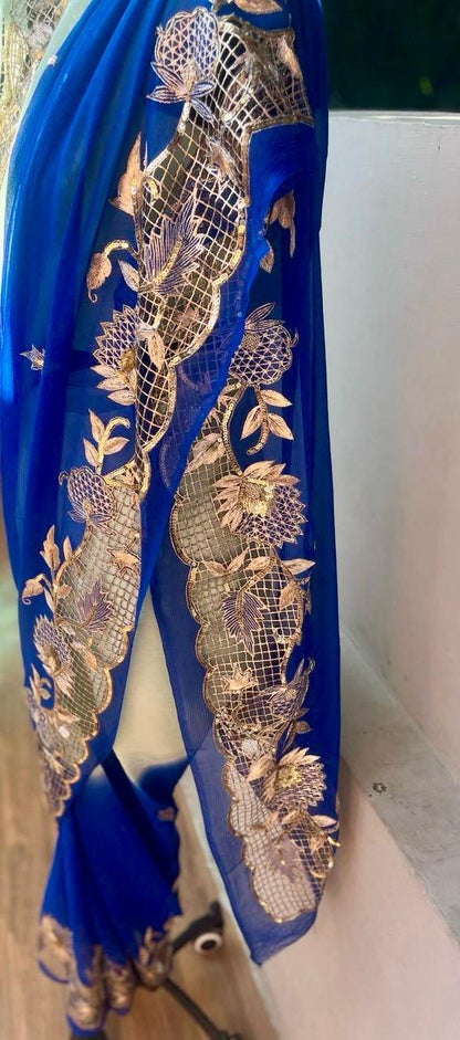 Ombre Blue Shaded Cutwork Border Saree