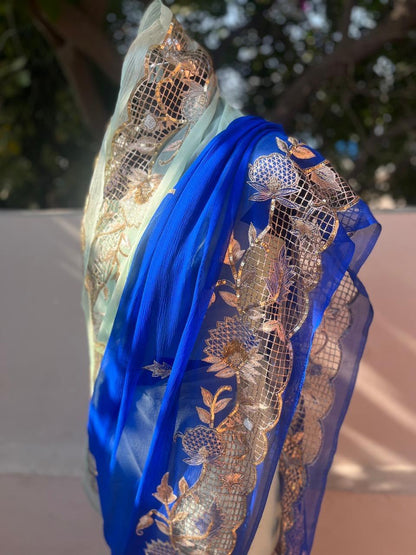 Ombre Blue Shaded Cutwork Border Saree