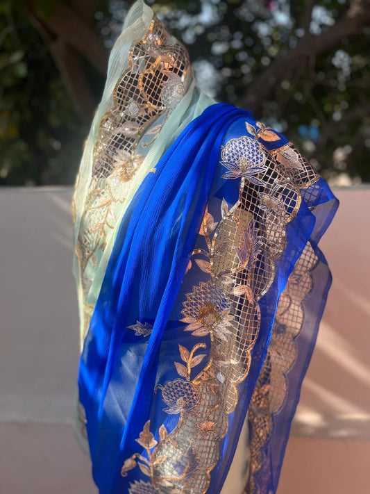 Ombre Blue Shaded Cutwork Border Saree