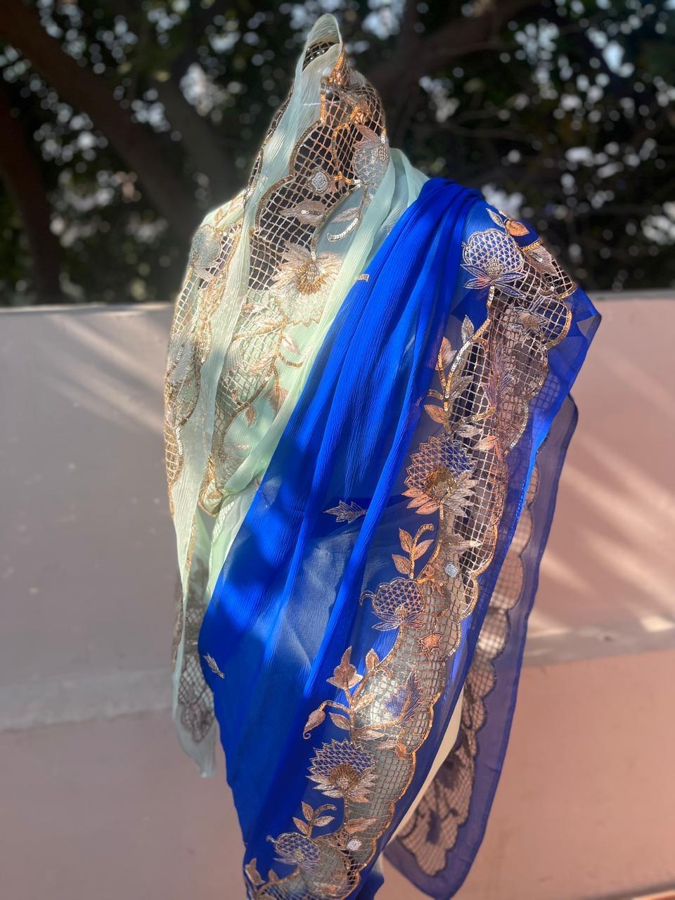 Ombre Blue Shaded Cutwork Border Saree