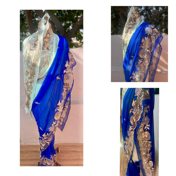 Ombre Blue Shaded Cutwork Border Saree
