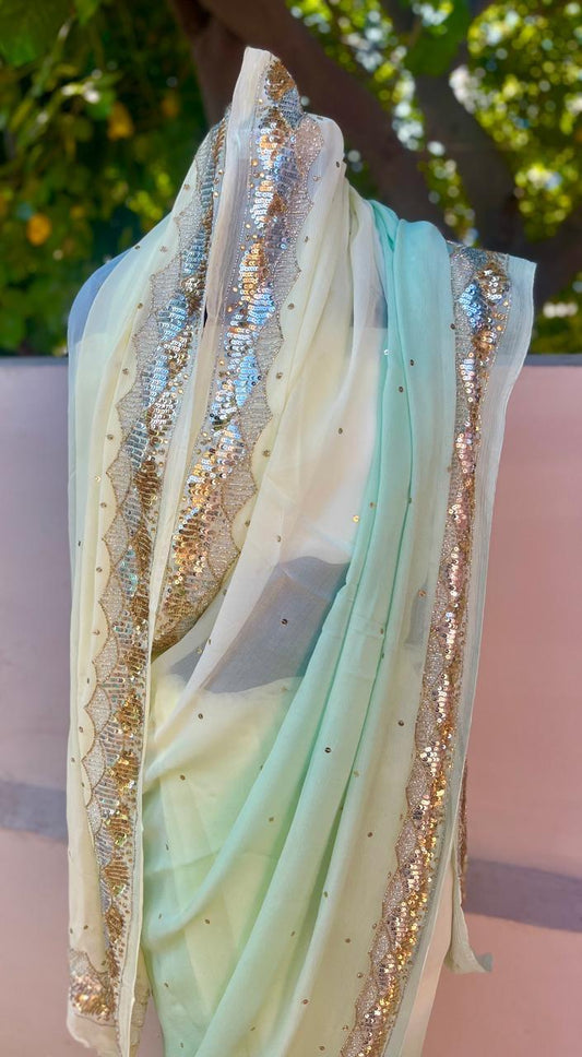 Ombre Cream Shaded Cutdana Buta Saree