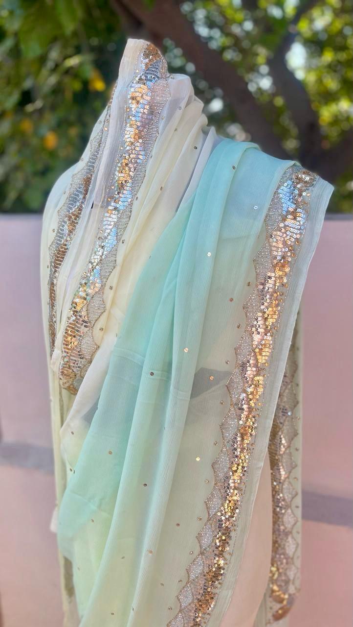 Ombre Cream Shaded Cutdana Buta Saree