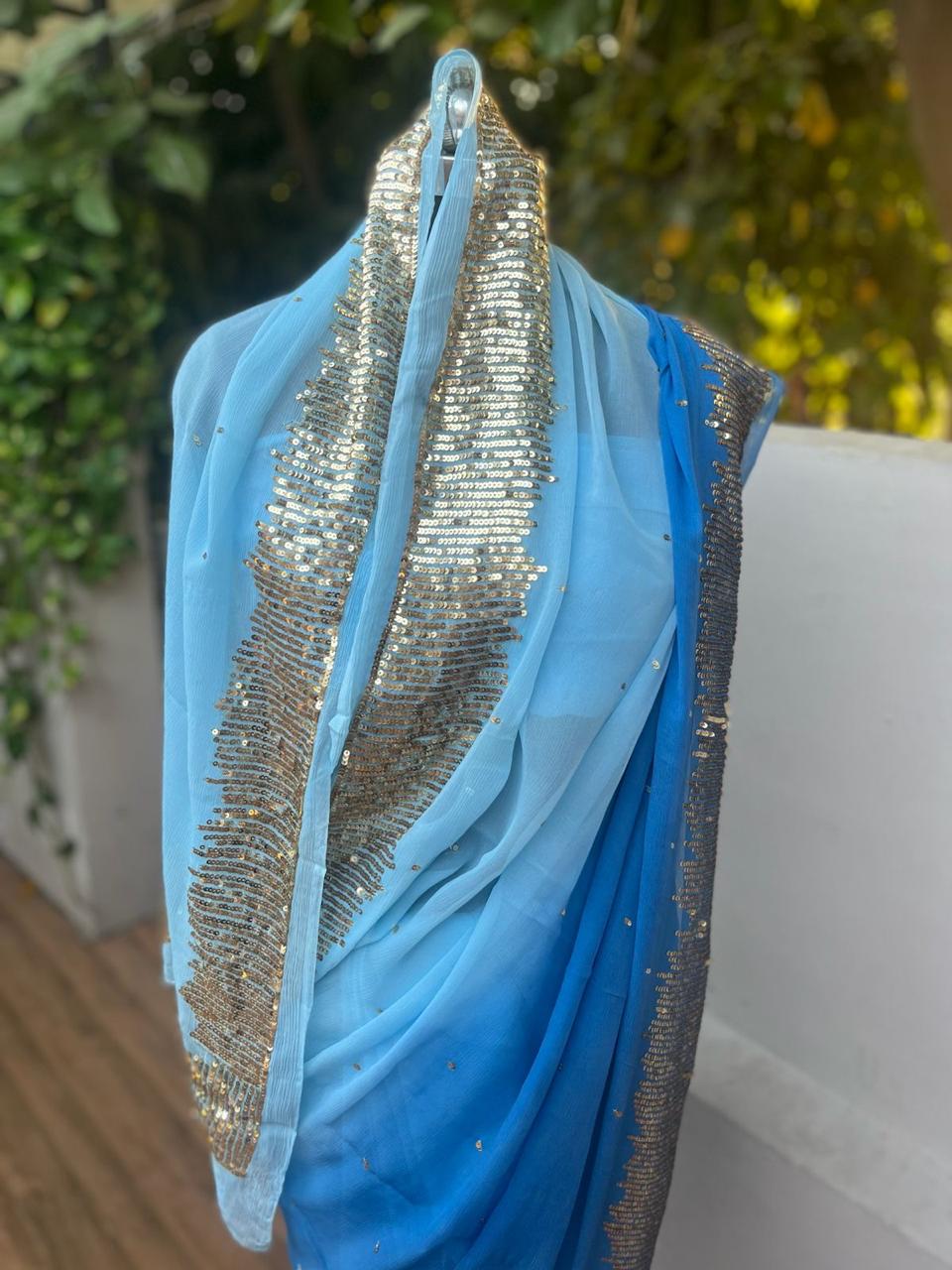 Ombre Sky Blue Shaded Sequins Buta Saree