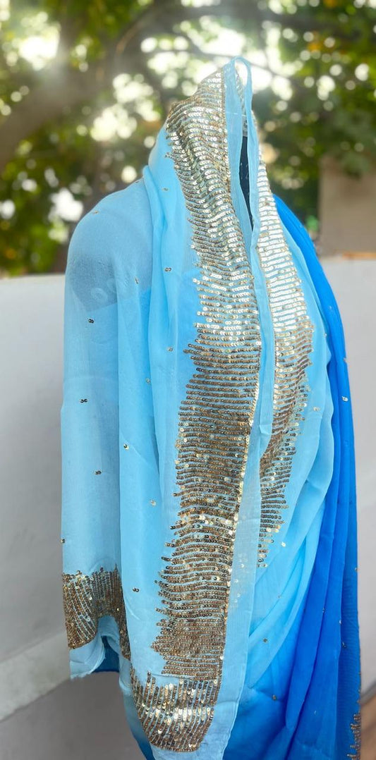 Ombre Sky Blue Shaded Sequins Buta Saree