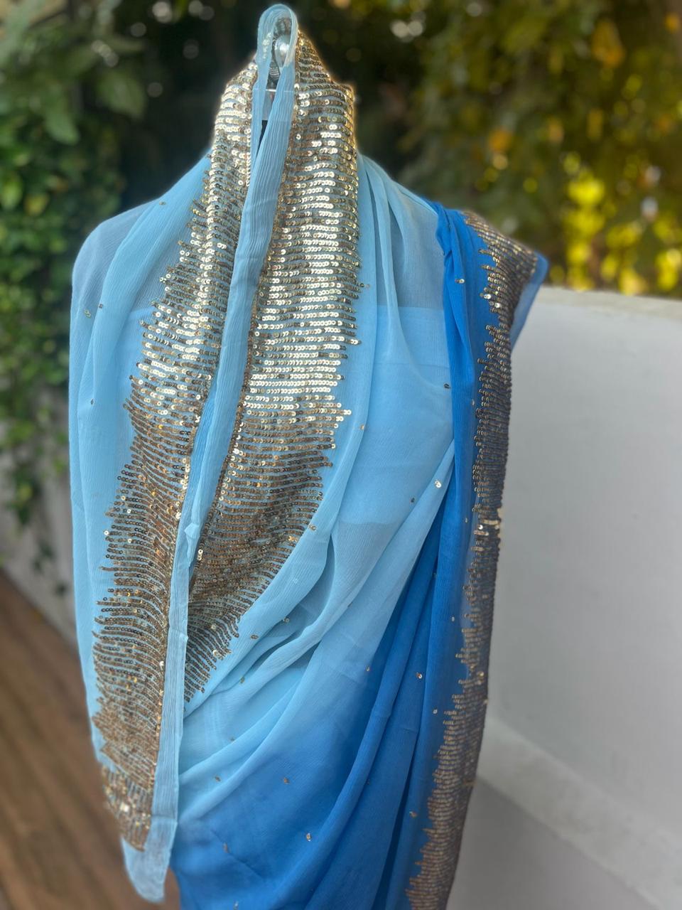 Ombre Sky Blue Shaded Sequins Buta Saree