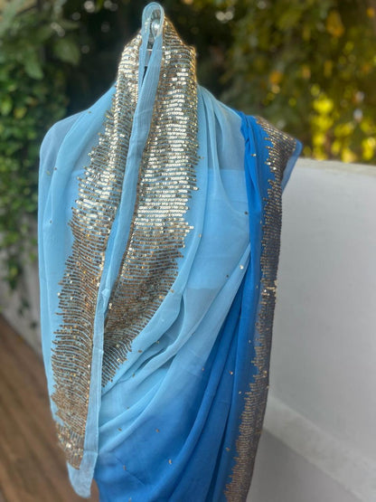 Ombre Sky Blue Shaded Sequins Buta Saree