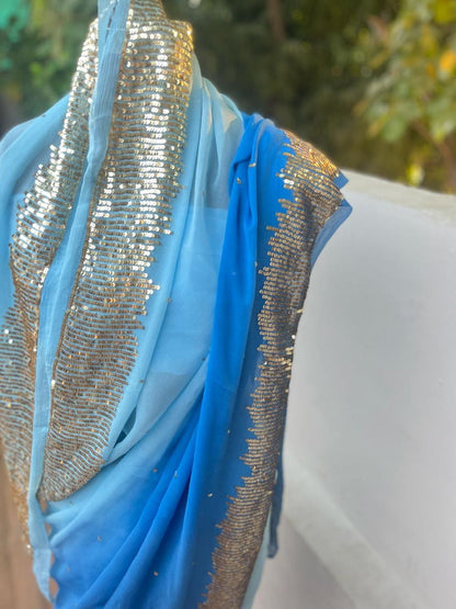 Ombre Sky Blue Shaded Sequins Buta Saree