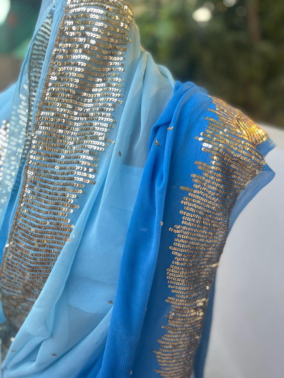 Ombre Sky Blue Shaded Sequins Buta Saree