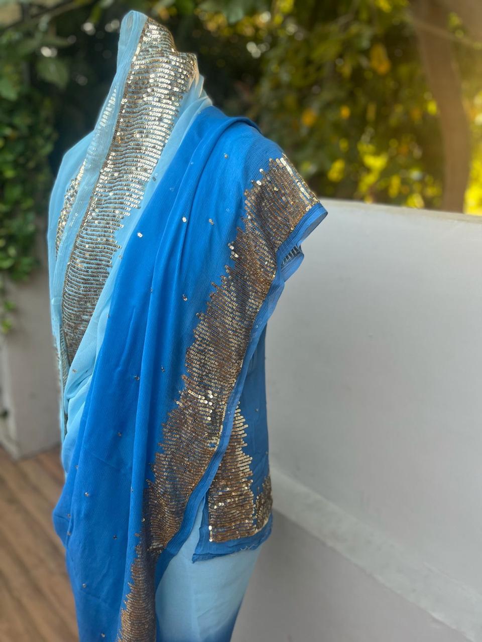 Ombre Sky Blue Shaded Sequins Buta Saree