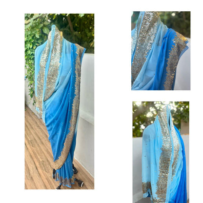 Ombre Sky Blue Shaded Sequins Buta Saree