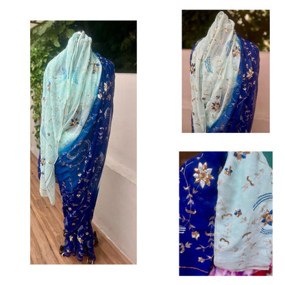 Ombre Blue Shaded Zari Sequins Jaal Saree