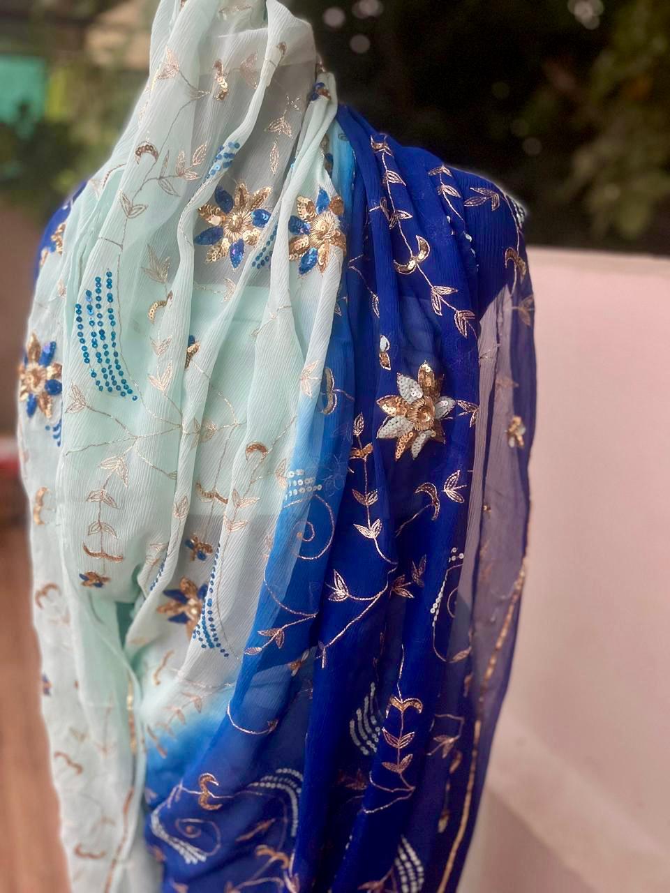 Ombre Blue Shaded Zari Sequins Jaal Saree