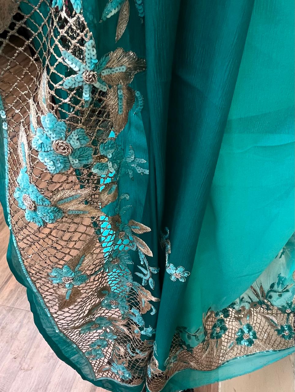 Ombre Teal Shaded Cutwork Border Saree