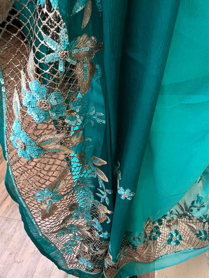 Ombre Teal Shaded Cutwork Border Saree