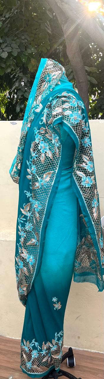 Ombre Teal Shaded Cutwork Border Saree