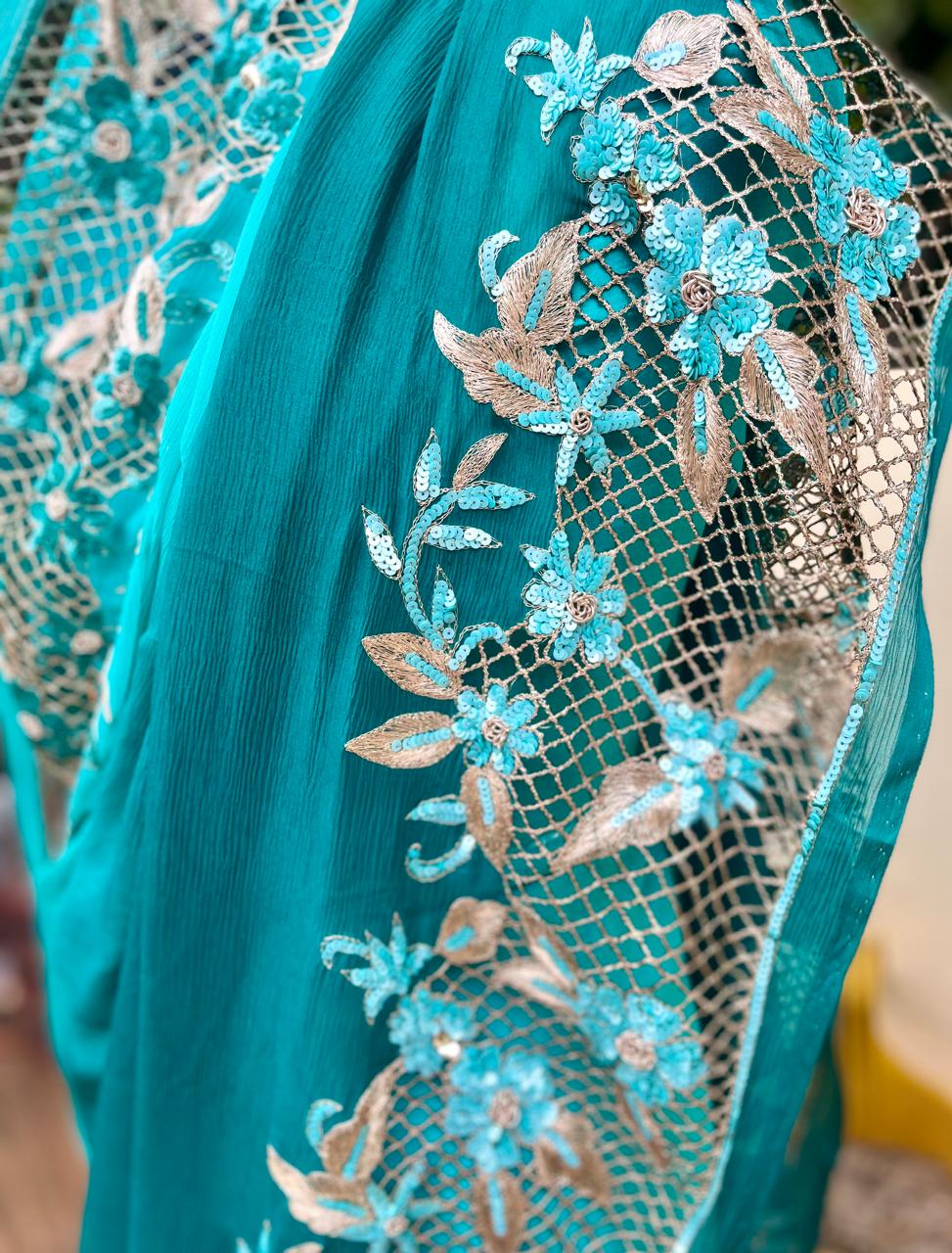 Ombre Teal Shaded Cutwork Border Saree