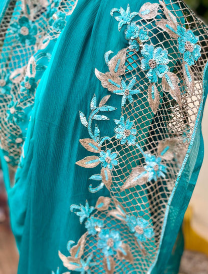 Ombre Teal Shaded Cutwork Border Saree