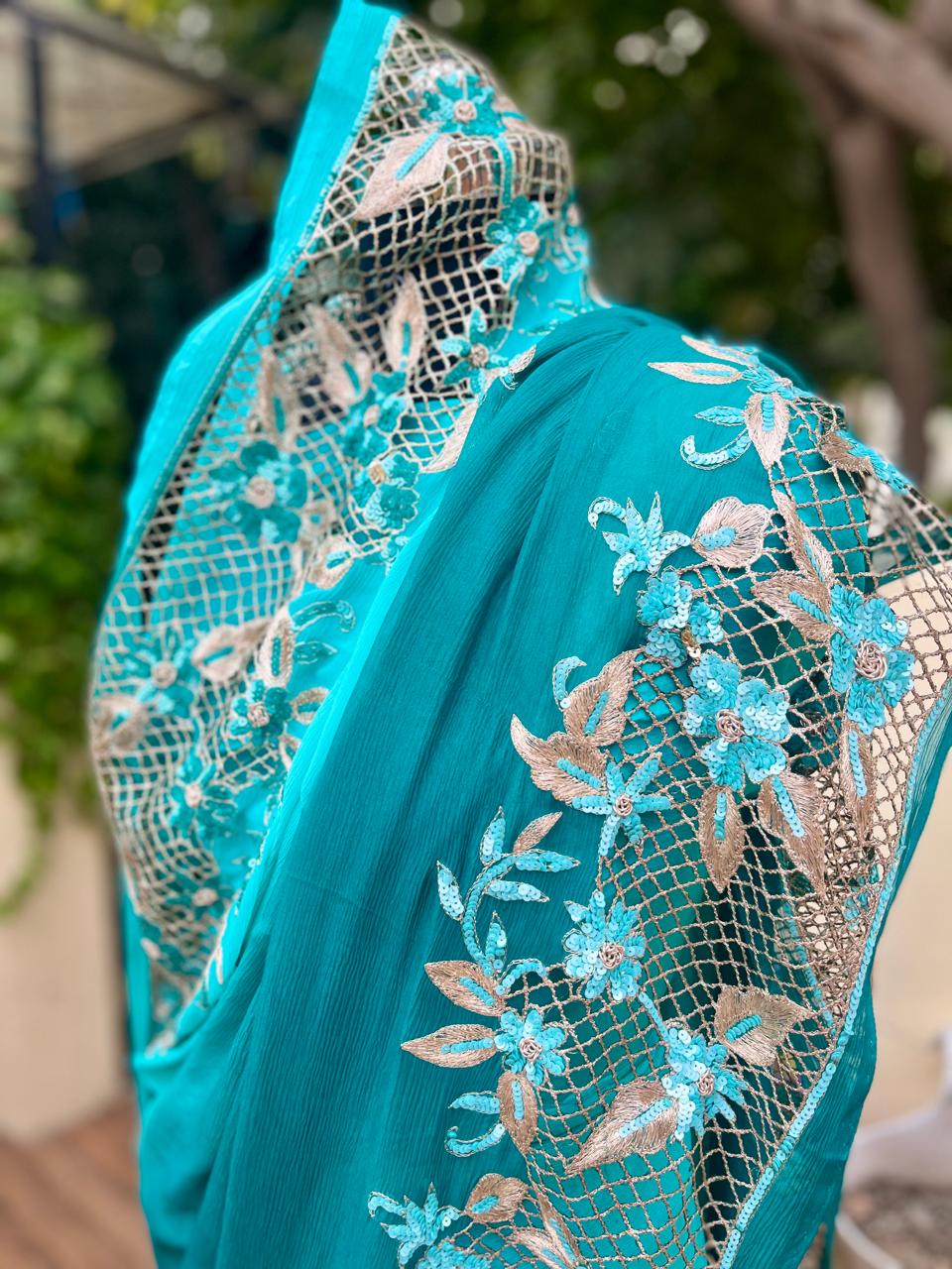 Ombre Teal Shaded Cutwork Border Saree