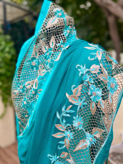 Ombre Teal Shaded Cutwork Border Saree