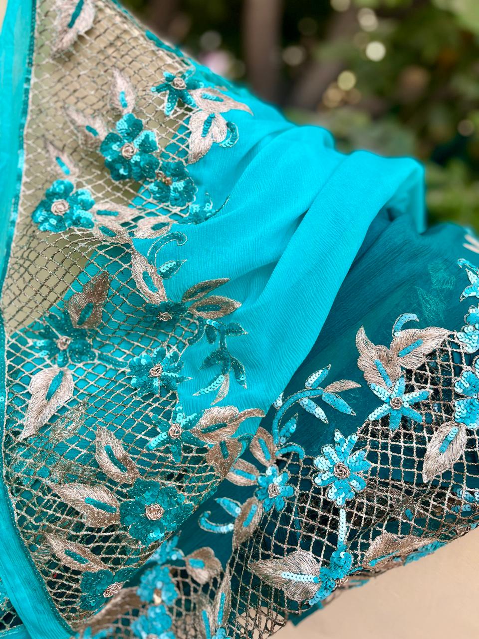 Ombre Teal Shaded Cutwork Border Saree