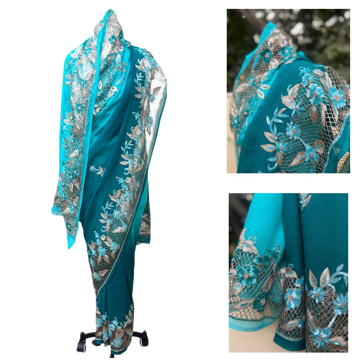 Ombre Teal Shaded Cutwork Border Saree