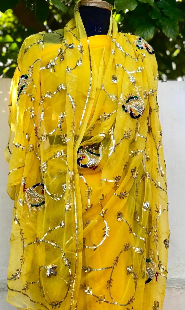 Yellow Peacock Sequins Jaal Saree