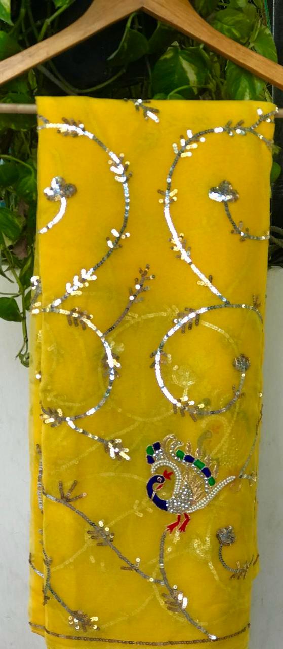 Yellow Peacock Sequins Jaal Saree