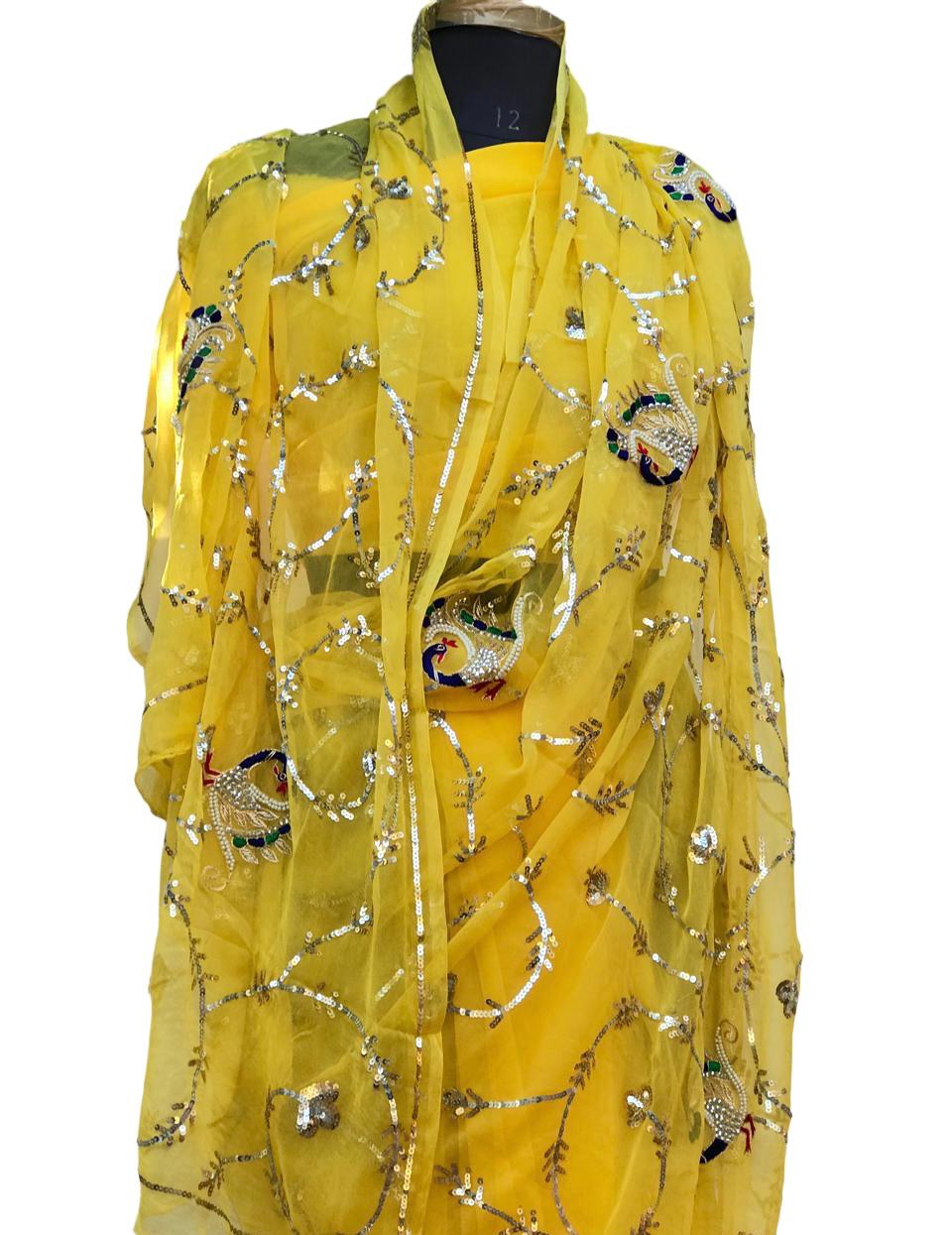 Yellow Peacock Sequins Jaal Saree