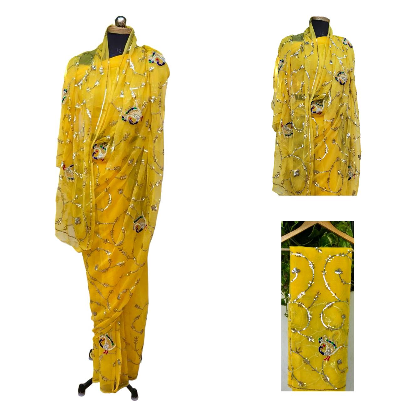 Yellow Peacock Sequins Jaal Saree