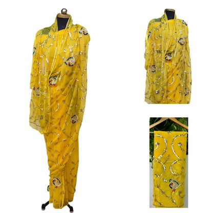 Yellow Peacock Sequins Jaal Saree