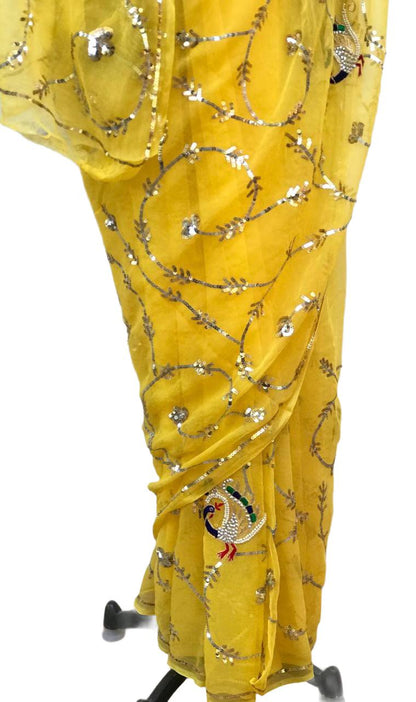 Yellow Peacock Sequins Jaal Saree