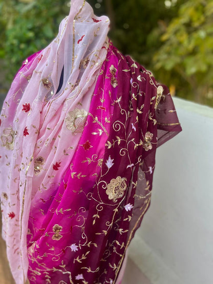 Ombre Pink Wine Sahded Zari Zardoji Jaal Saree
