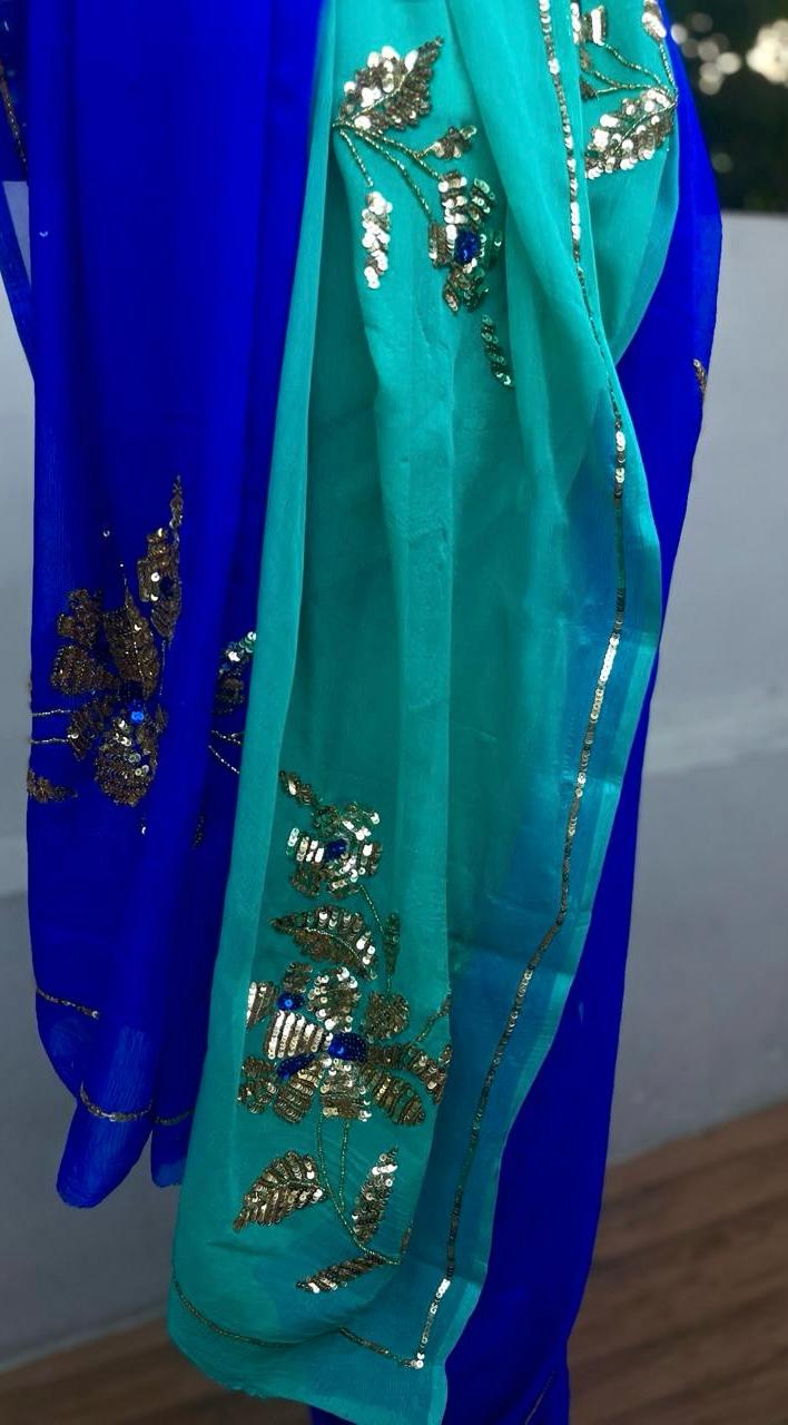 Ombre Blue Shaded Sequins Buta Saree