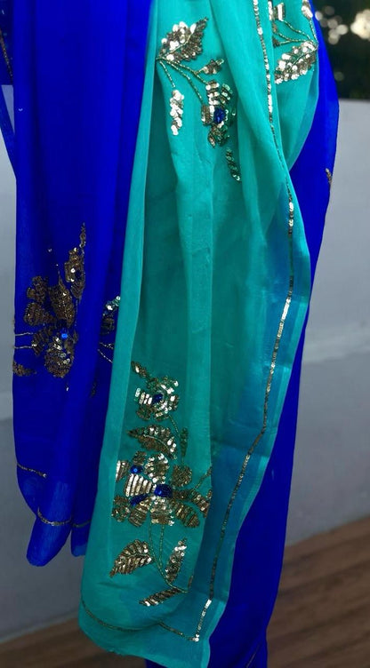 Ombre Blue Shaded Sequins Buta Saree
