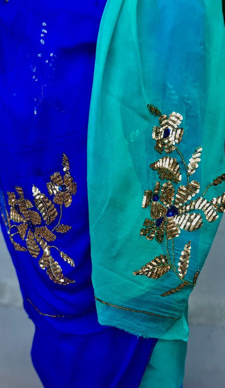 Ombre Blue Shaded Sequins Buta Saree