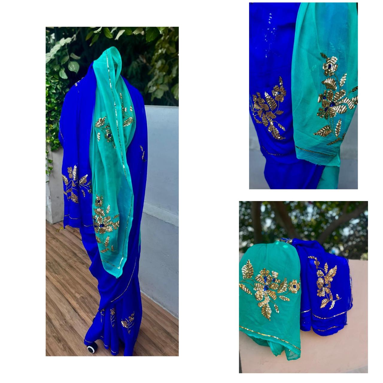 Ombre Blue Shaded Sequins Buta Saree