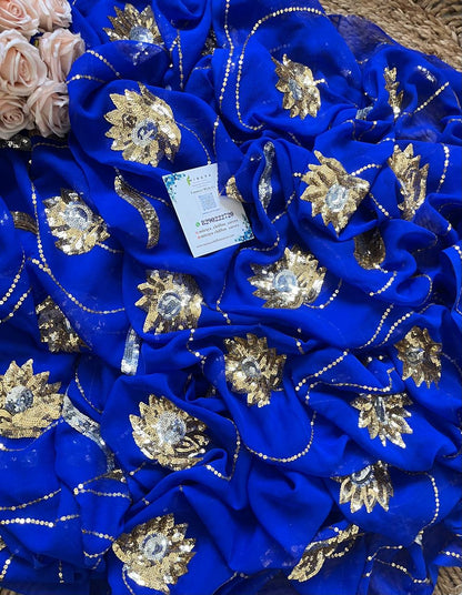 Blue Golden Silver Sequins Jaal Saree