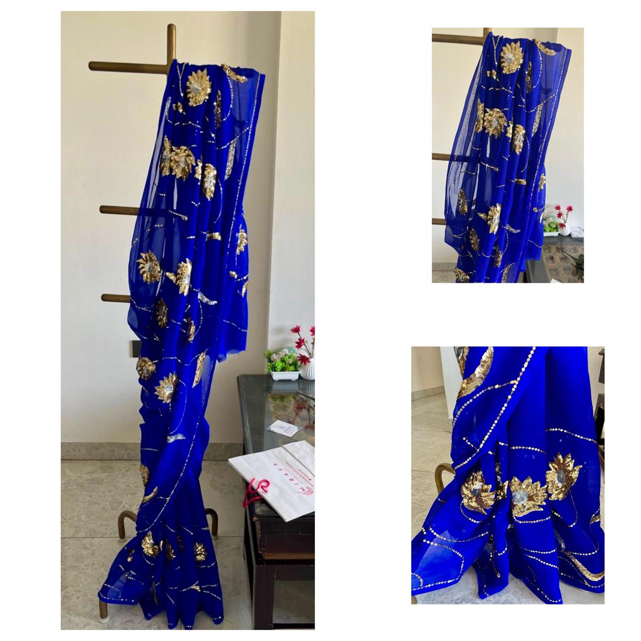 Blue Golden Silver Sequins Jaal Saree